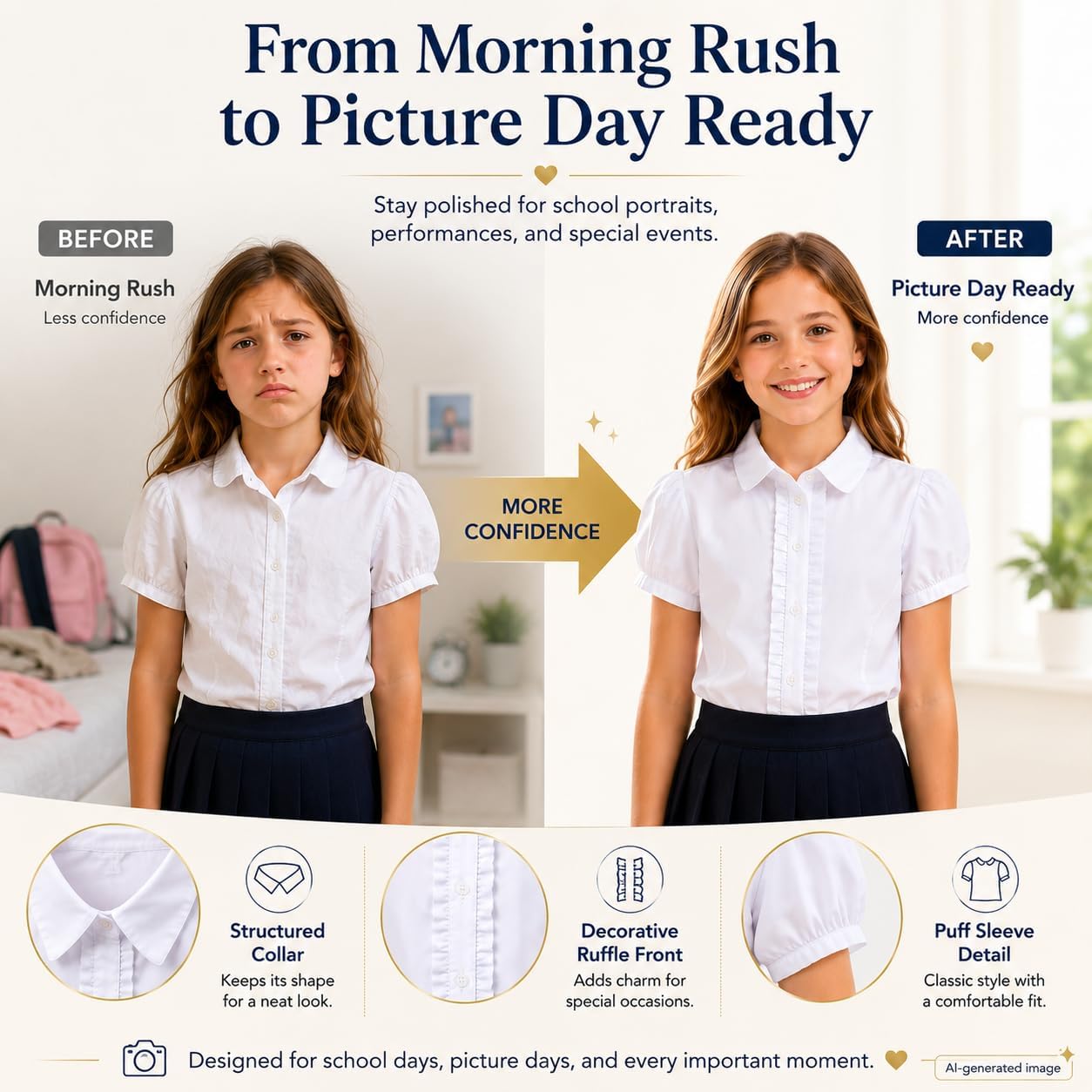 Girls School Uniform Blouse: Ruffle Front Puff Short Sleeve | Cotton Fabric, Button Closure, Solid White, Ages 6-13