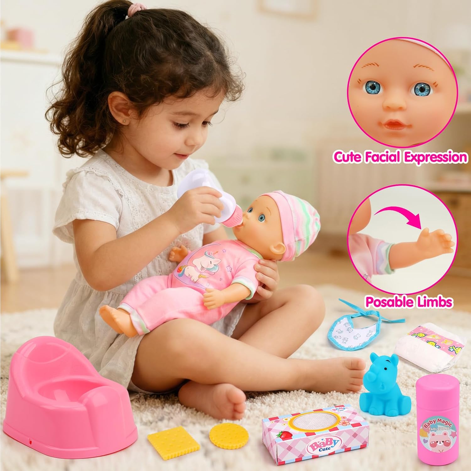 Baby Doll Stroller Set Toys for Girls Toddlers 3-5 4-6 5-7, Baby Doll Playset with 11" Doll, Bathtub and 20PCS Baby
