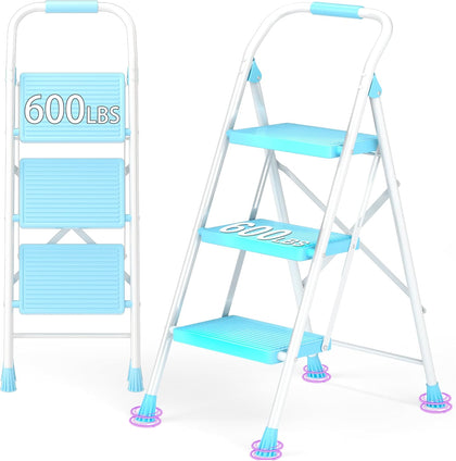 Step Ladder Foldable Folding Stool - for Home Adults Kitchen 3 Stepping Extension Tall Heavy Duty with Handrails