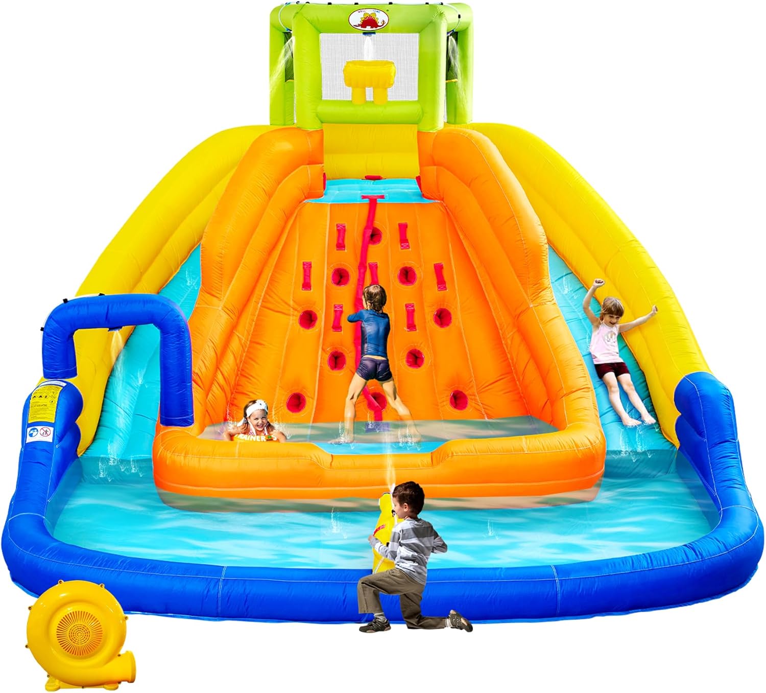 Inflatable Water Slide, Bounce House with Water Bucket, Deep Pool, Climbing Wall with Rope, Bouncy Castle with Air