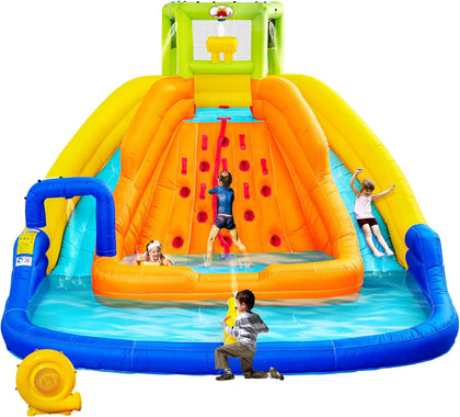 Inflatable Water Slide, Bounce House with Water Bucket, Deep Pool, Climbing Wall with Rope, Bouncy Castle with Air