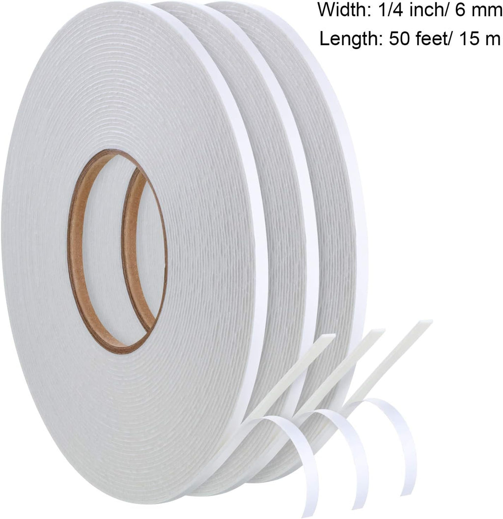 3 Rolls Double Sided Foam Tape, 1/4 Inch by 50 Feet, White