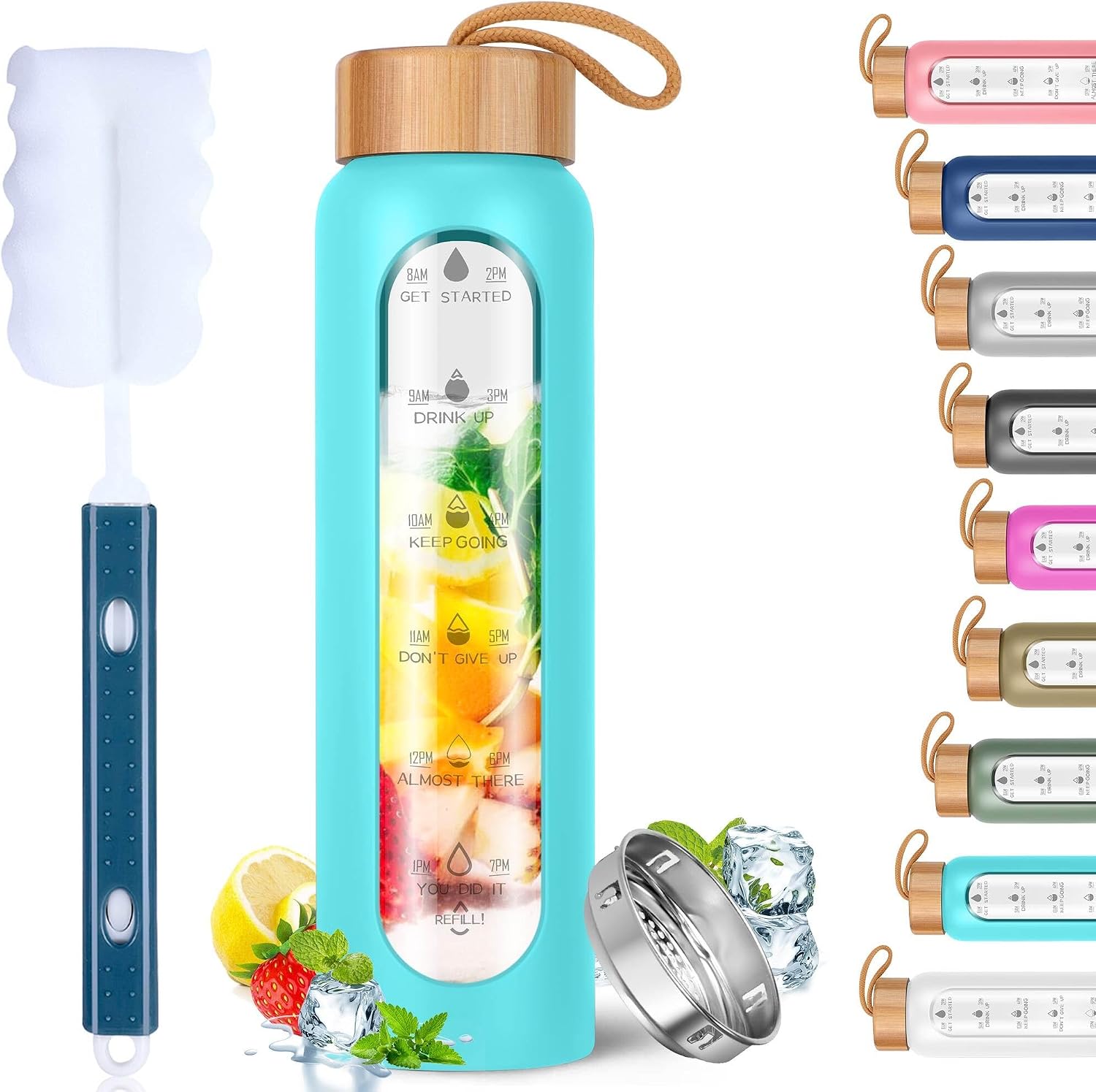 Glass Water Bottles 32 Oz with Silicone Sleeve - BPA Free Reusable Wide Mouth Glass Motivational Water Bottles with