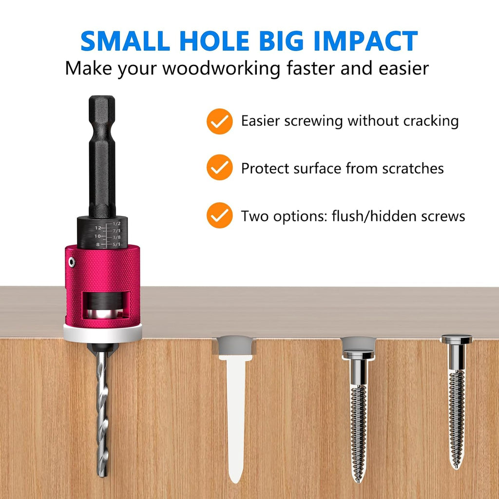BURMONG 5-Piece Countersink Drill Bit Set with Adjustable Depth Stop, 1/4" Hex Shank Quick Change Drilling Tool Kit, 82° Woodworking Chamfer Bits for Wood, Plywood, MDF, Plastic