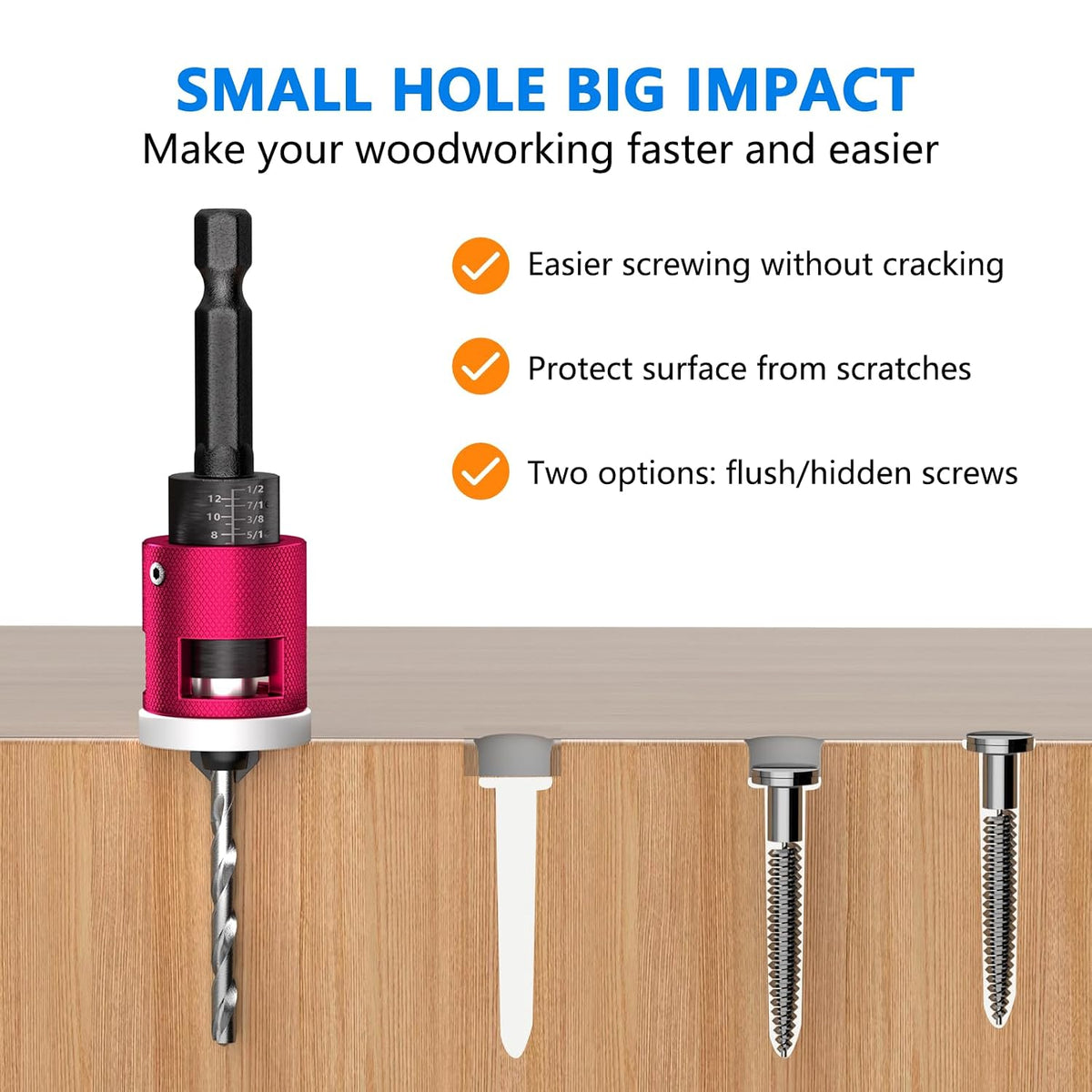 BURMONG 5-Piece Countersink Drill Bit Set with Adjustable Depth Stop, 1/4" Hex Shank Quick Change Drilling Tool Kit, 82° Woodworking Chamfer Bits for Wood, Plywood, MDF, Plastic