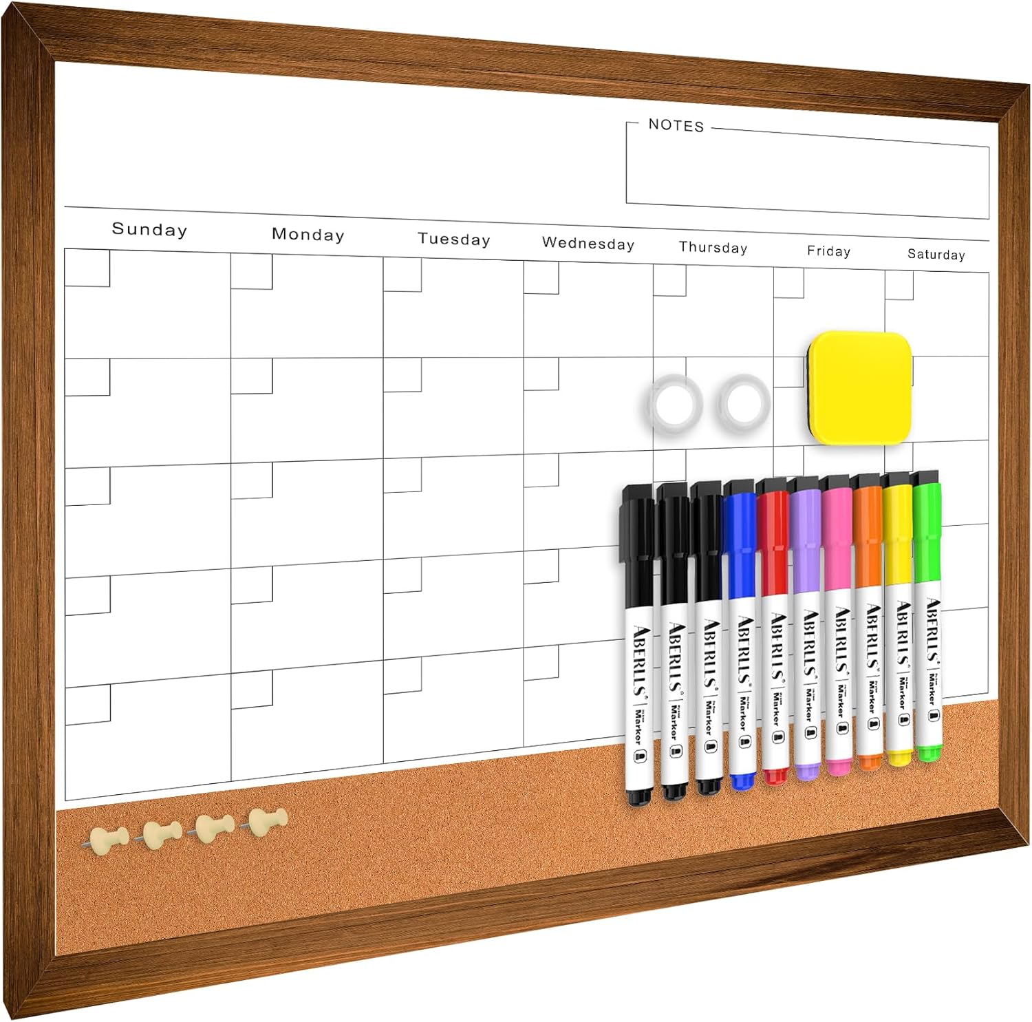 Dry Erase Monthly Calendar Board for Wall, 17"x13" Hanging Board, Magnetic White Boards, Rustic Brown Wood Frame