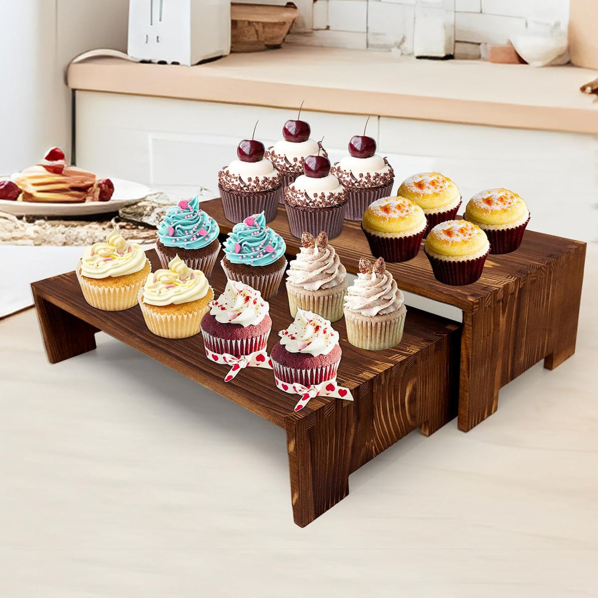 4Pcs Large Display Riser Wood Risers Cupcake Display Stand 2 Tier Racks Rectangular, 2 Set Perfume Decorative Display