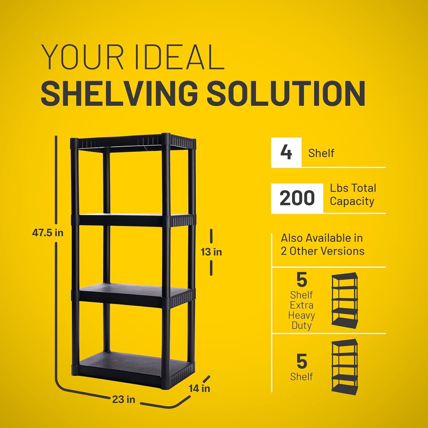 4-Shelf Plastic Storage Shelves, 48” x 23” x 14”, 200lb Capacity, Pantry, Office, Closet and Garage Shelves, Easy to