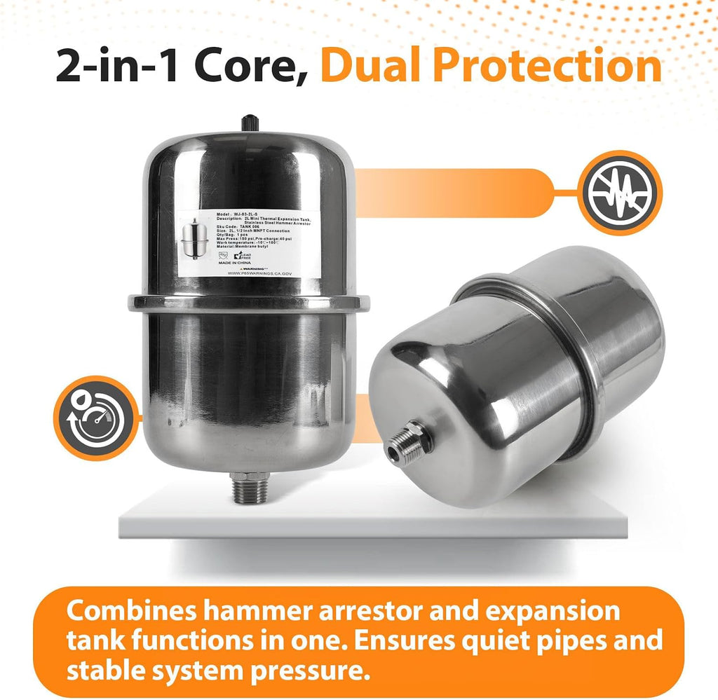 20-PCs HeSun 2L Mini Thermal Expansion Tank, 1/2" MIP Connection | Stainless Steel,Maintain Safe Pressure, for