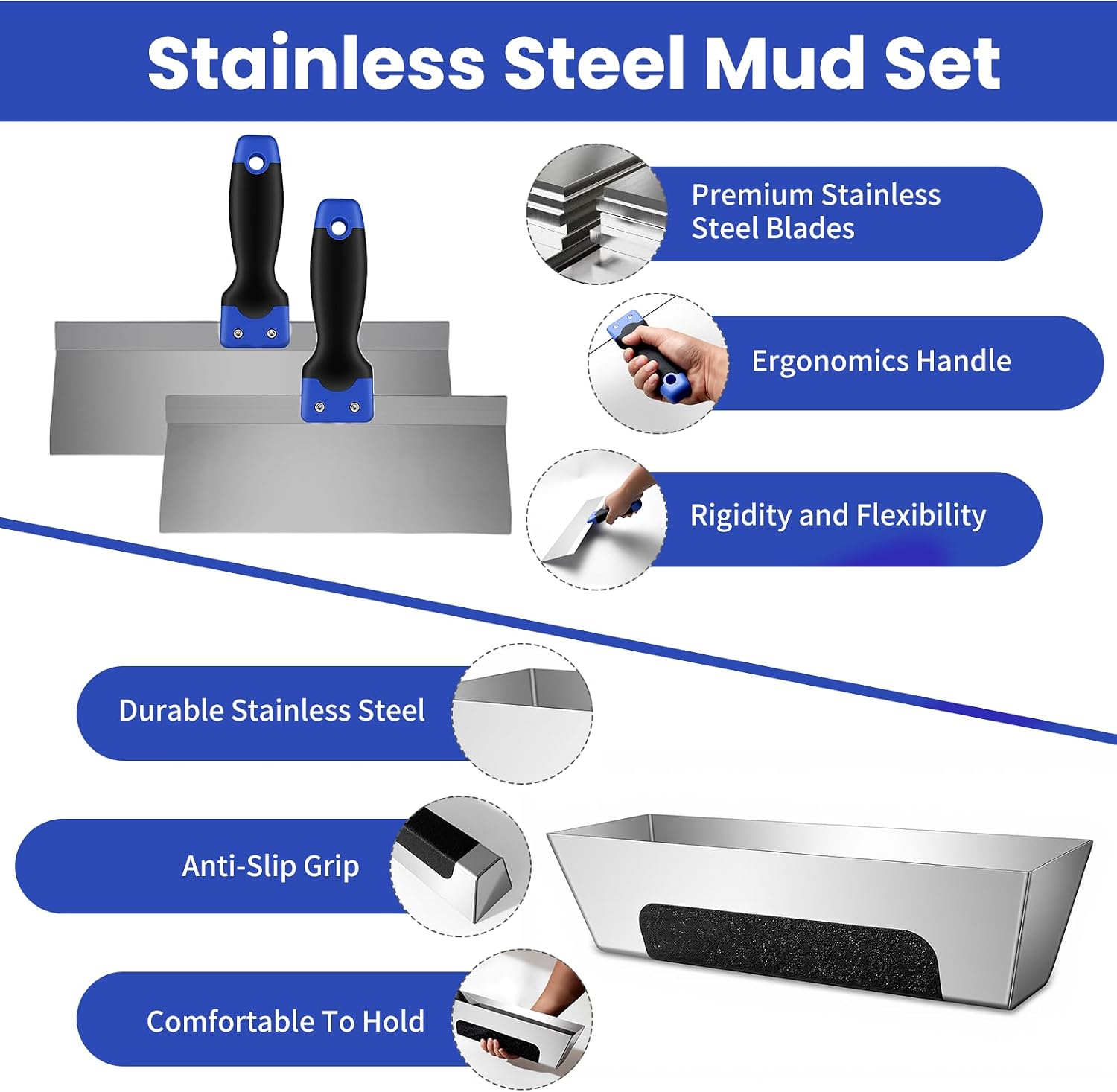 Drywall Hand Tools Kit, Drywall Knife Set with Putty Knives, Taping Knives, Aluminum Hawk, Mud Pan, Flat Finishing