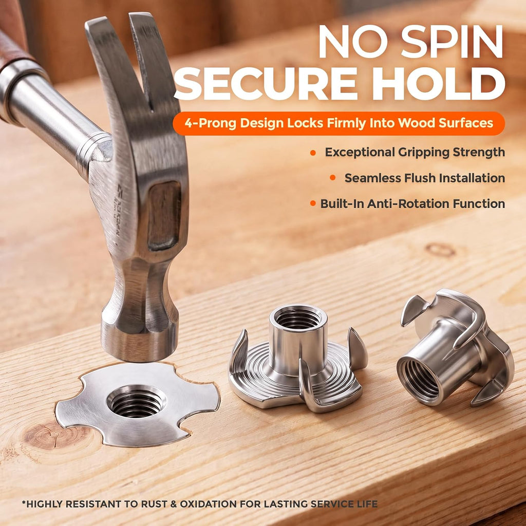 16 Sets 1/4-20 T Nuts & 3/4 in Bolts Kit, 304 Stainless Steel 4-Prong T Nut