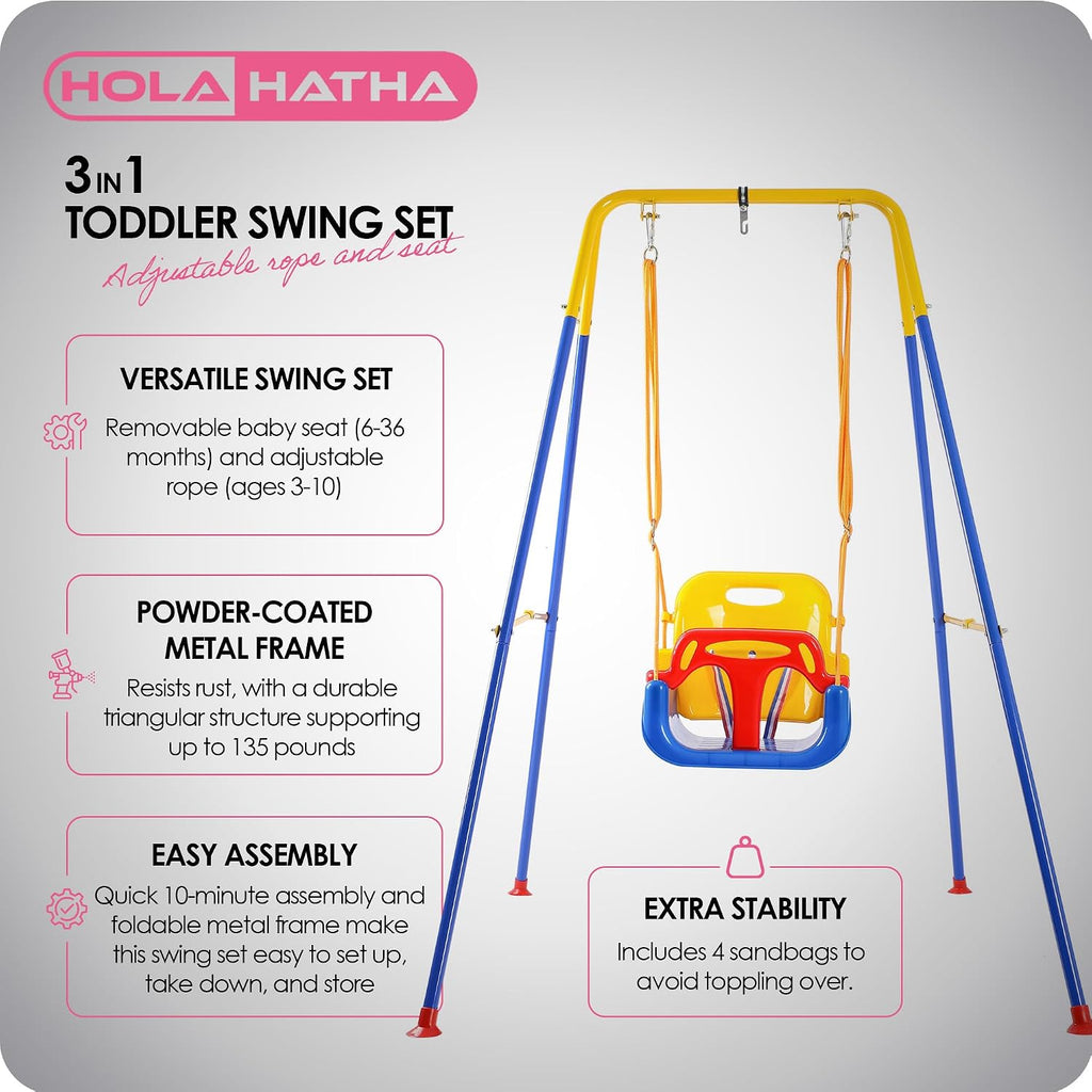 3 in 1 Toddler Swing Set, Infant Backyard Play, Includes 4 Sandbags, Adjustable Rope & Removable Baby Seat