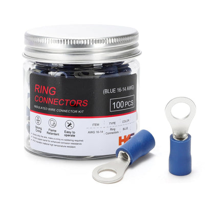 100PCS Insulated Ring Terminal #10 Blue 16-14 AWG - M5 - Tinned Red Copper - Electrical Wire Connector Kit Crimp PVC