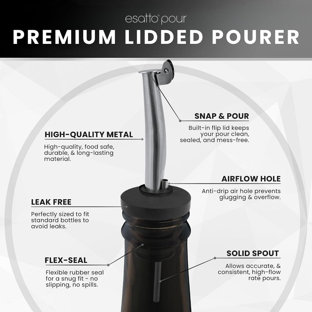 Stainless Steel Liquor Pourers with Hinged Flip Lid, 6 Pack