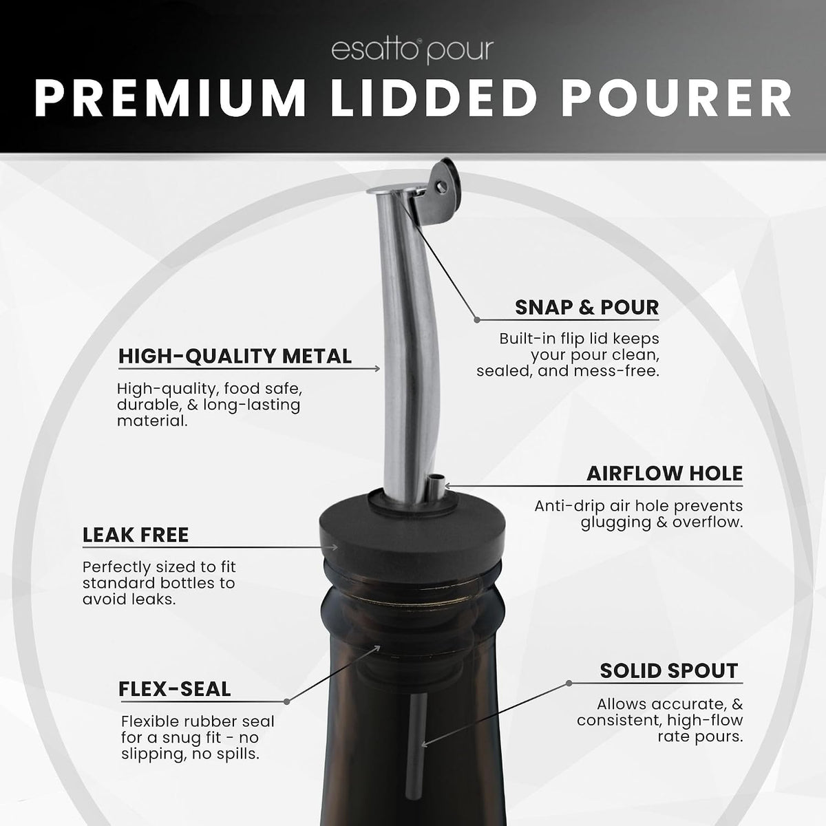 Stainless Steel Liquor Pourers with Hinged Flip Lid, 6 Pack