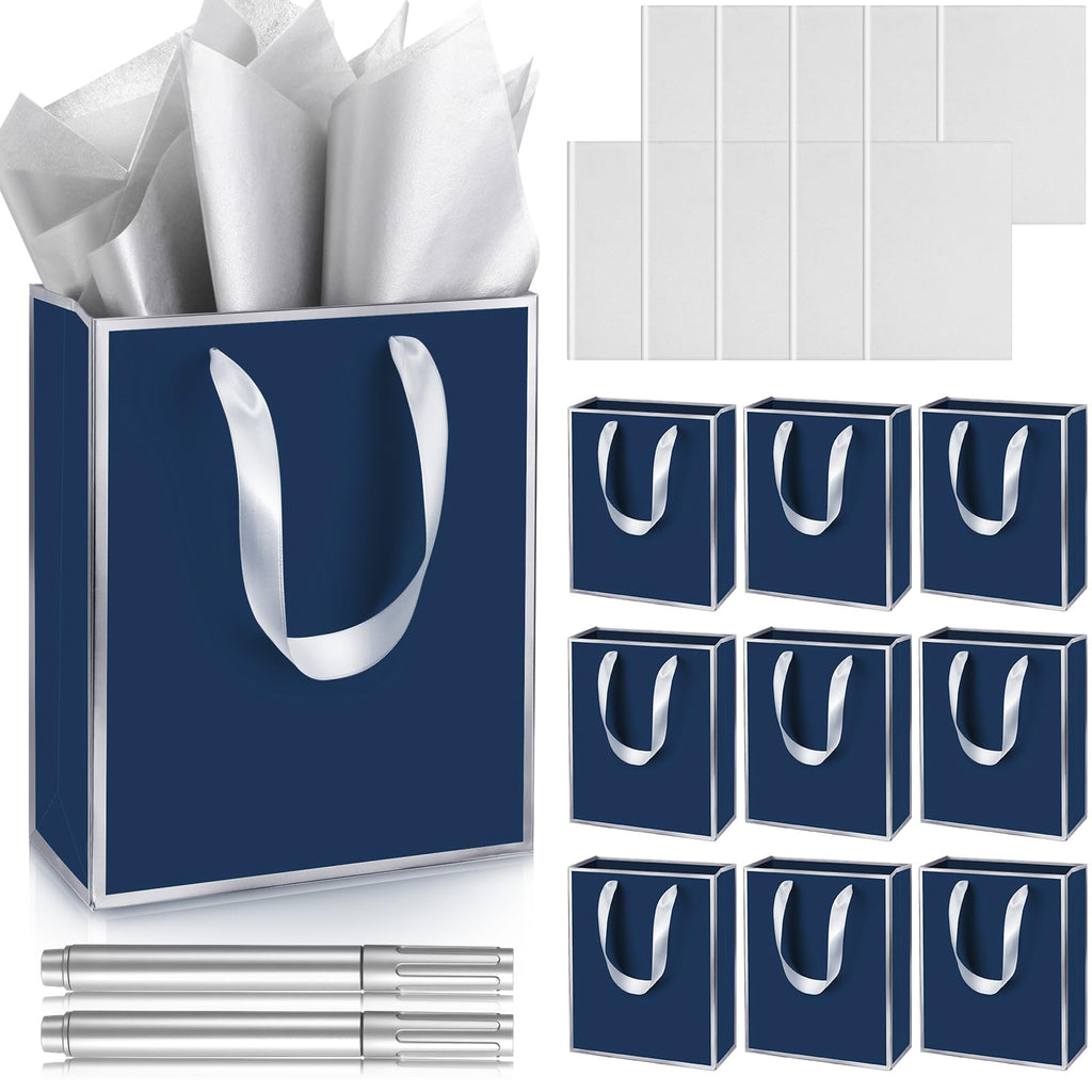 10 Pack Paper Gift Bags with Handle Tissue Paper, Navy Blue, Silver