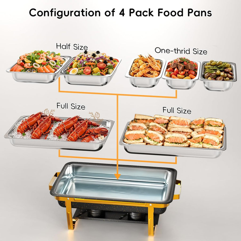 11Qt Chafing Dishes for Buffet, No Any Screws, 4 Pack, Black & Gold