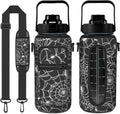 Halloween Spider Web Half Gallon Water Bottle with Sleeve, 64 OZ | Flip Top & Bpa Free Water Jug, Time Marker