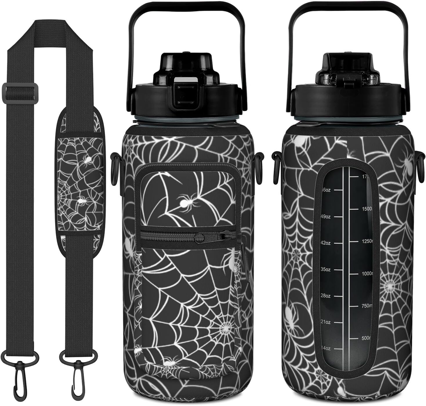 Halloween Spider Web Half Gallon Water Bottle with Sleeve, 64 OZ | Flip Top & Bpa Free Water Jug, Time Marker