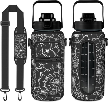 Halloween Spider Web Half Gallon Water Bottle with Sleeve, 64 OZ | Flip Top & Bpa Free Water Jug, Time Marker