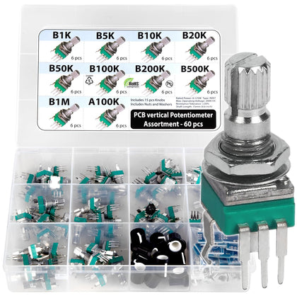 60 pcs Small 9mm onboard PCB Potentiometer Assortment 10 Values, B1K, B5K, B10K, B20K, B50K, B100K, B200K, B500K, B1M and A100K, Vertical Legs Terminal, 15mm axis, RV097 RK097 SMD