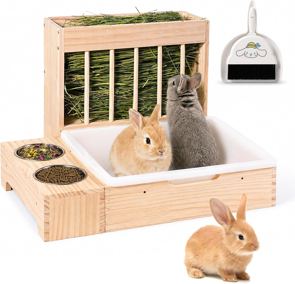 3-in-1 Rabbit Hay Feeder with Litter Box, Bowl Tray for Small Bunnies