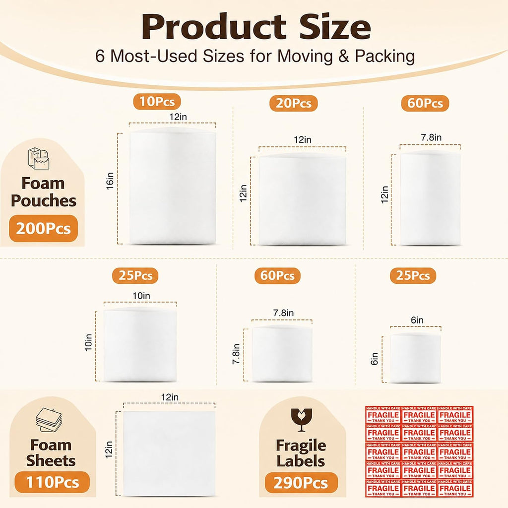 600pcs Dish Packing Supplies for Moving, 6 Size Foam Pouches&sheets