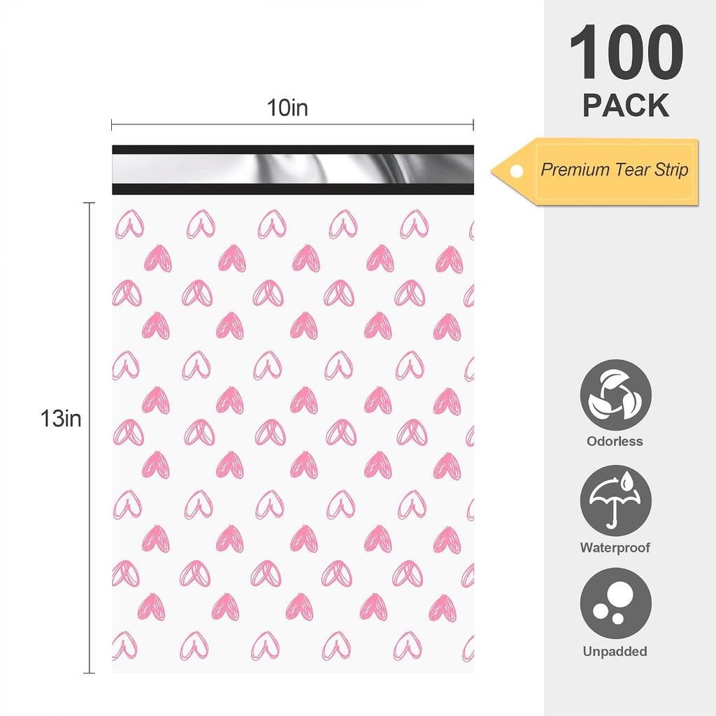 10x13 Boutique Poly Mailers 100 Pack, Pink Hearts Design