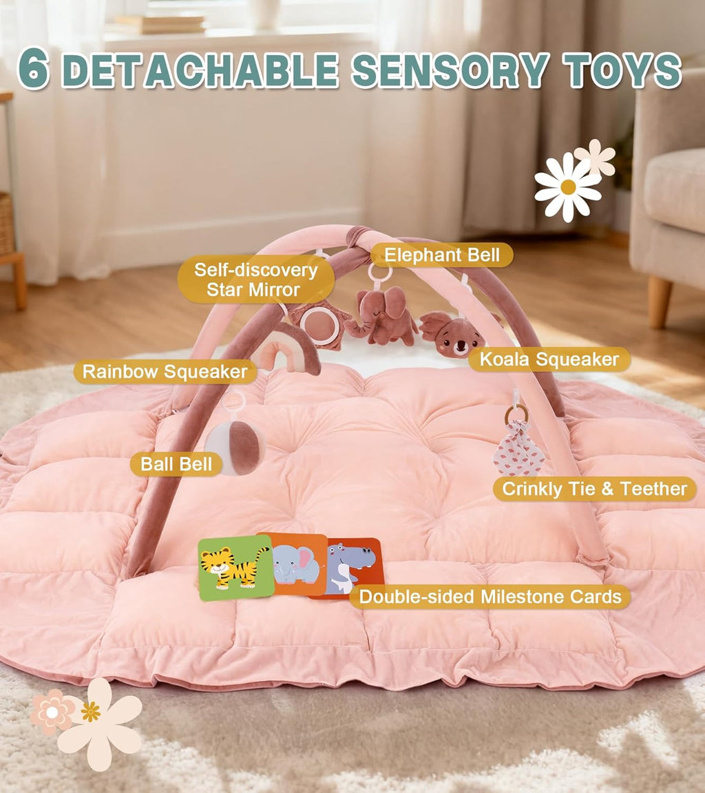 5-in-1 Baby Play Gym and Tummy Time Mat, 12 Learning Cards, Plush Activity Mat with 6 Toys, Baby Gym, Convertible to