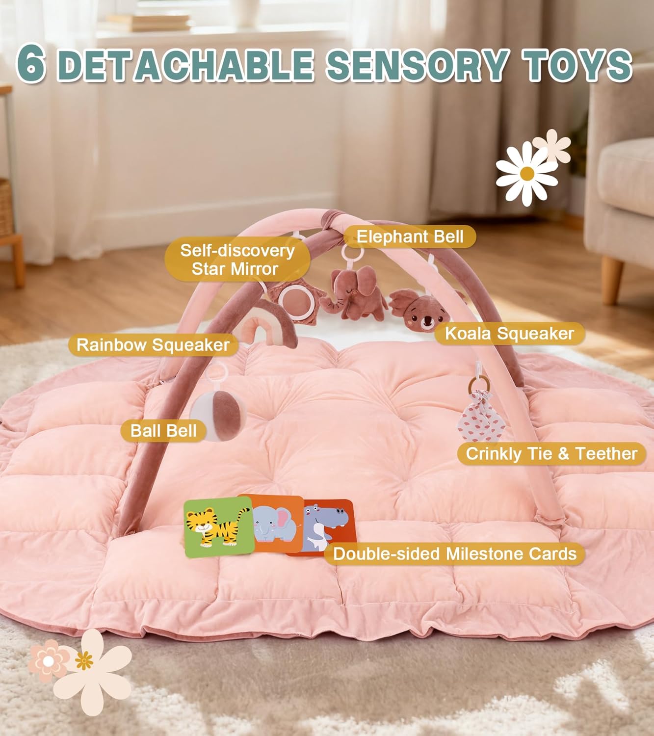 5-in-1 Baby Play Gym and Tummy Time Mat, 12 Learning Cards, Plush Activity Mat with 6 Toys, Baby Gym, Convertible to