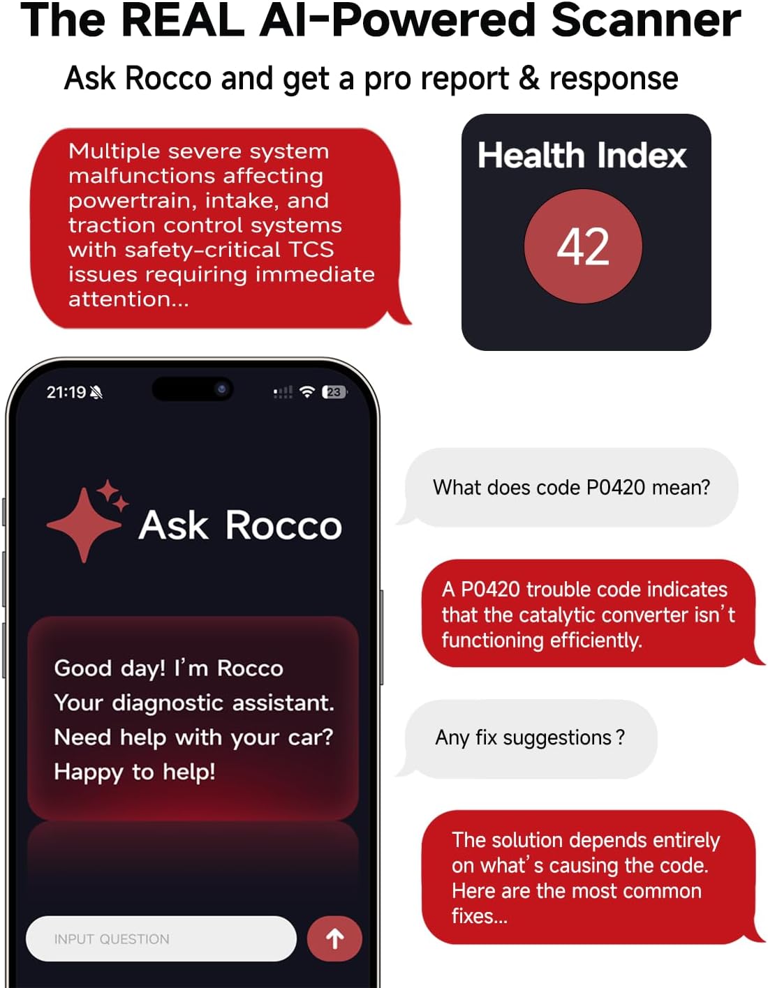 Rocco OBD2 Scanner Bluetooth for iOS Android, AI Diagnostic Tool for Car Buying Repair, No Subscription Fee, AutoVIN