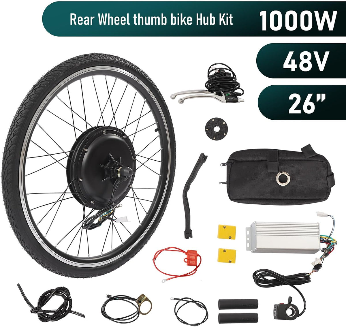 Electric Bike Conversion Kit, 48V 1000W 26" E-Bike Hub Motor Wheel Kit Rear Wheel Powerful Motor with Thumb Throttle