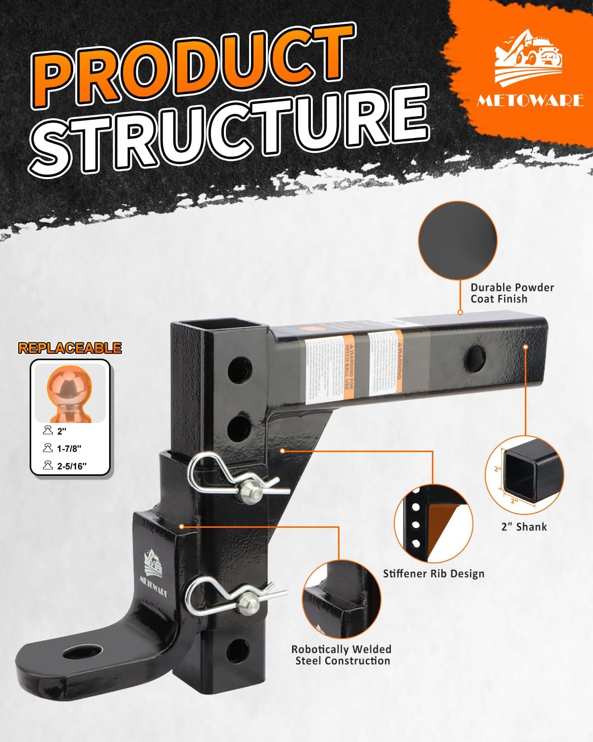 2" Adjustable Trailer Hitch Ball Mount 9-1/2" Drop and 8-1/4" Rise