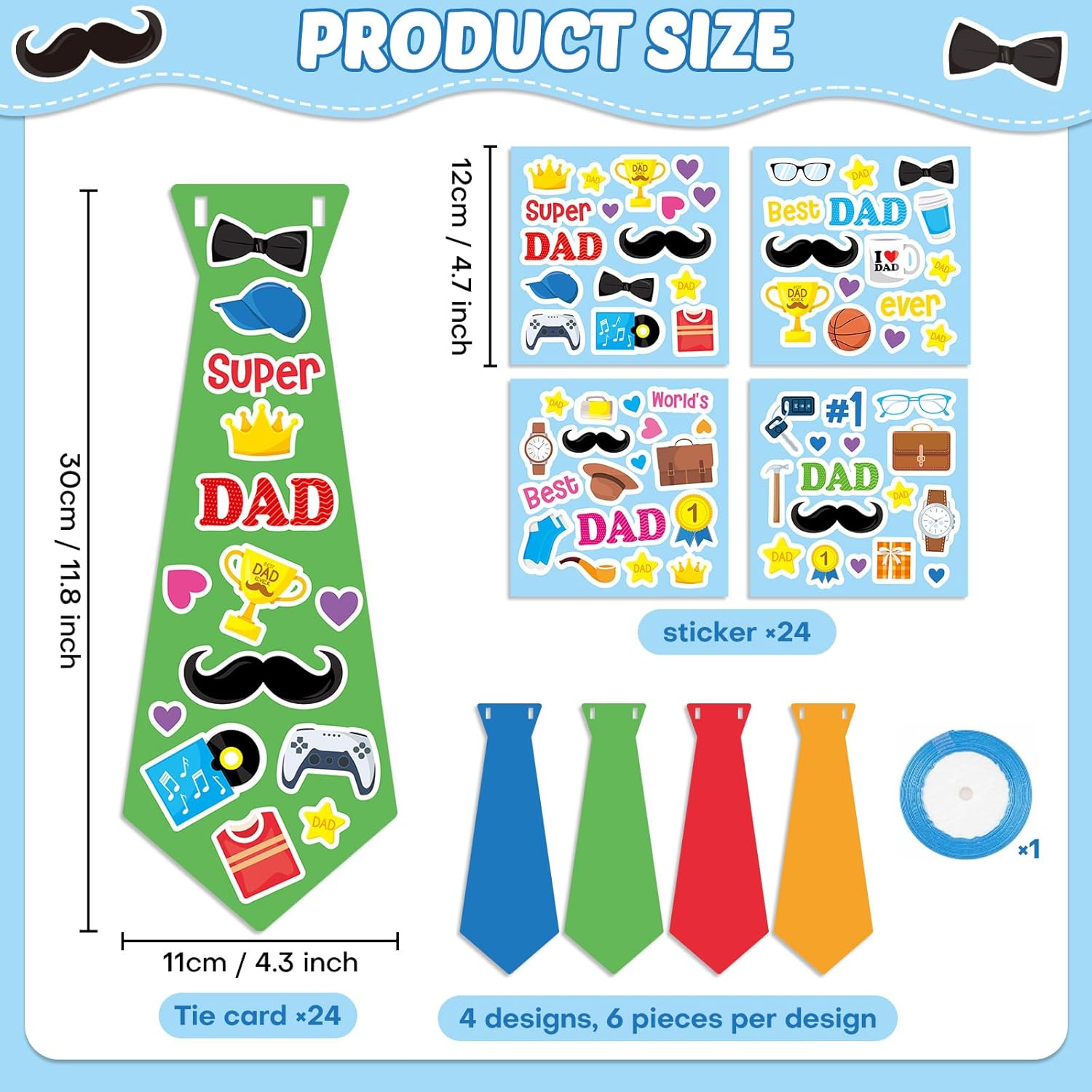 24 Set Father's Day Craft Kit for Kids Father's Tie Greeting Card with Stickers Best Dad Ever DIY Art Crafts Card