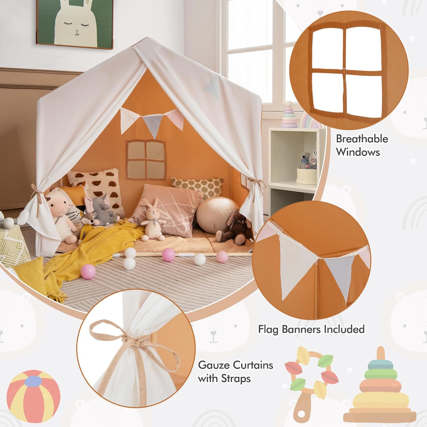 Large Kids Tent with Mat, Children's Play Tent w/Flag Banner, Windows, Gauze Curtain, Solid Wood Frame, Indoor
