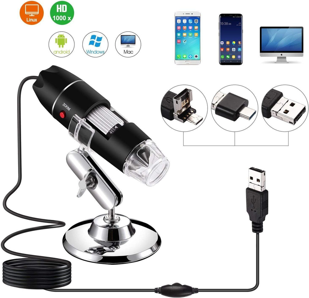 40 to 1000x Magnification Endoscope, 8 LED USB 2.0 Digital Microscope, Mini Camera with OTG Adapter Metal Stand