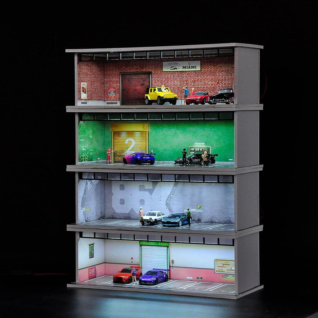 1/64 Diorama Display Case with LED Lights for 1/64 Scale Model Car | Stackable Garage Compatible with Hot Wheels