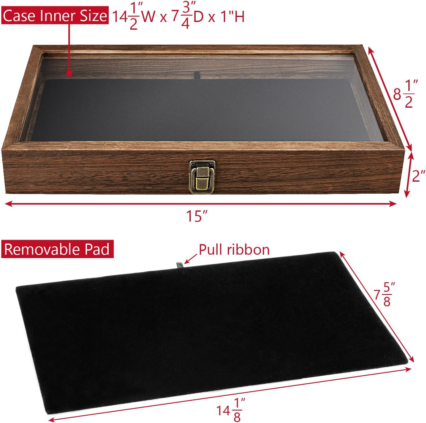 Wood Jewelry Display Case with Tempered Glass Top, Black Velvet Pad | Wood display case with a glass top and