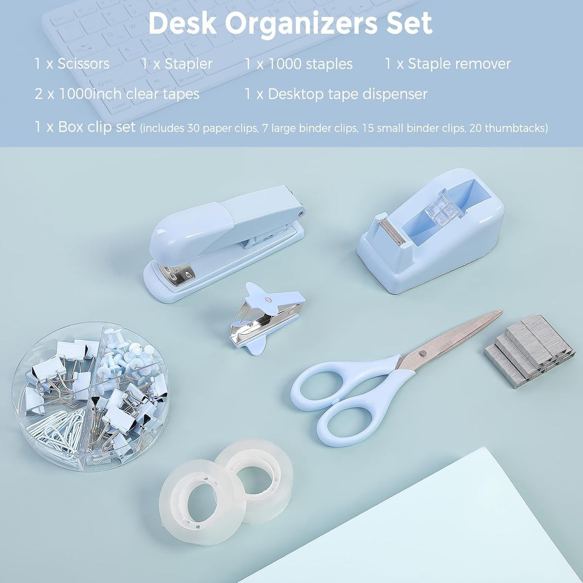 Blue Office Desk Accessories, Stapler and Tape Dispenser Set,10PCS