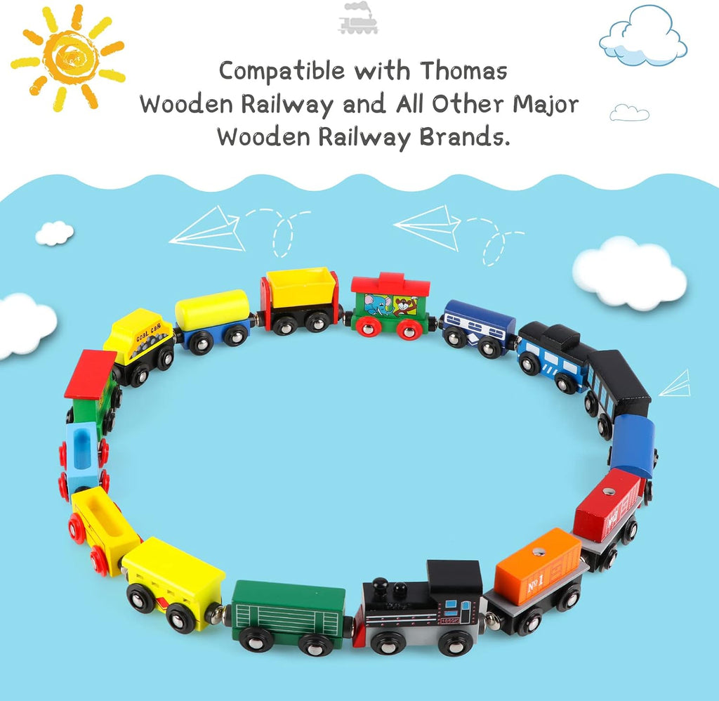 Wooden Train Set 16 PCS Train Toys Magnetic Set Includes Storage Bag - Wooden Track Accessories - Wooden Magnetic Car