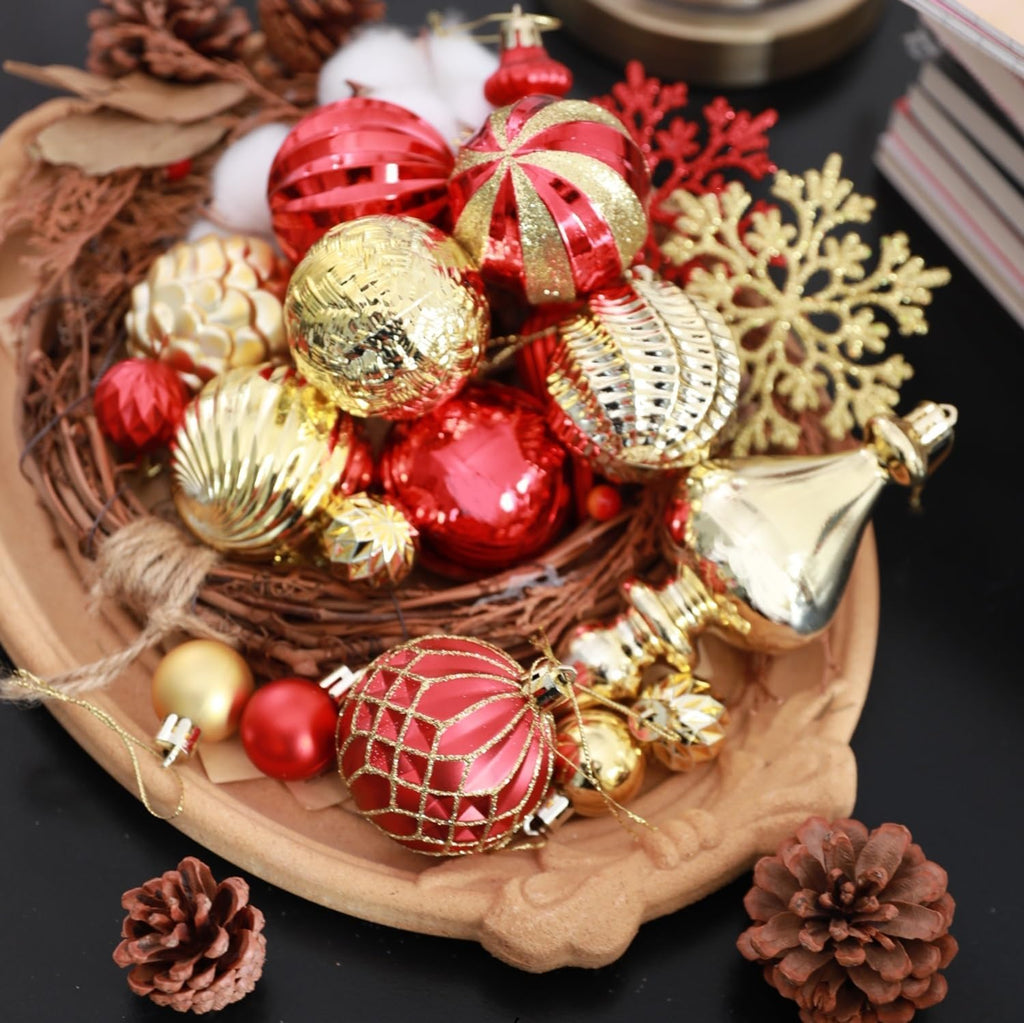 116ct 1.18-6.5" Red Gold Christmas Tree Ornaments Decorations Set | Shatterproof Luxury Assorted Hanging Baubles
