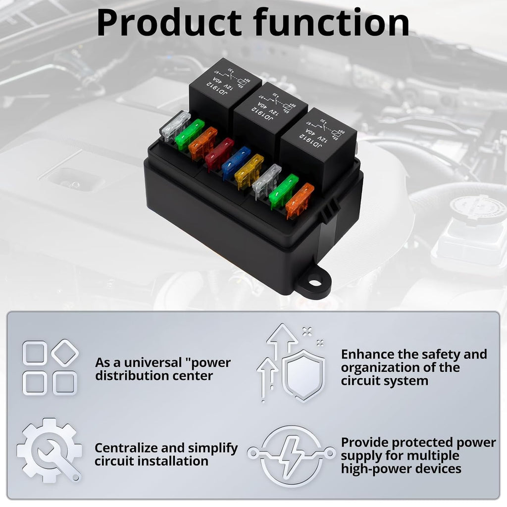 12V 9Way Pre-Wired Fuse and Relay Box Kit with 3 x 40A 4-Pin Relays & 9 ATC/ATO Fuses for Car, Truck, Vehicle