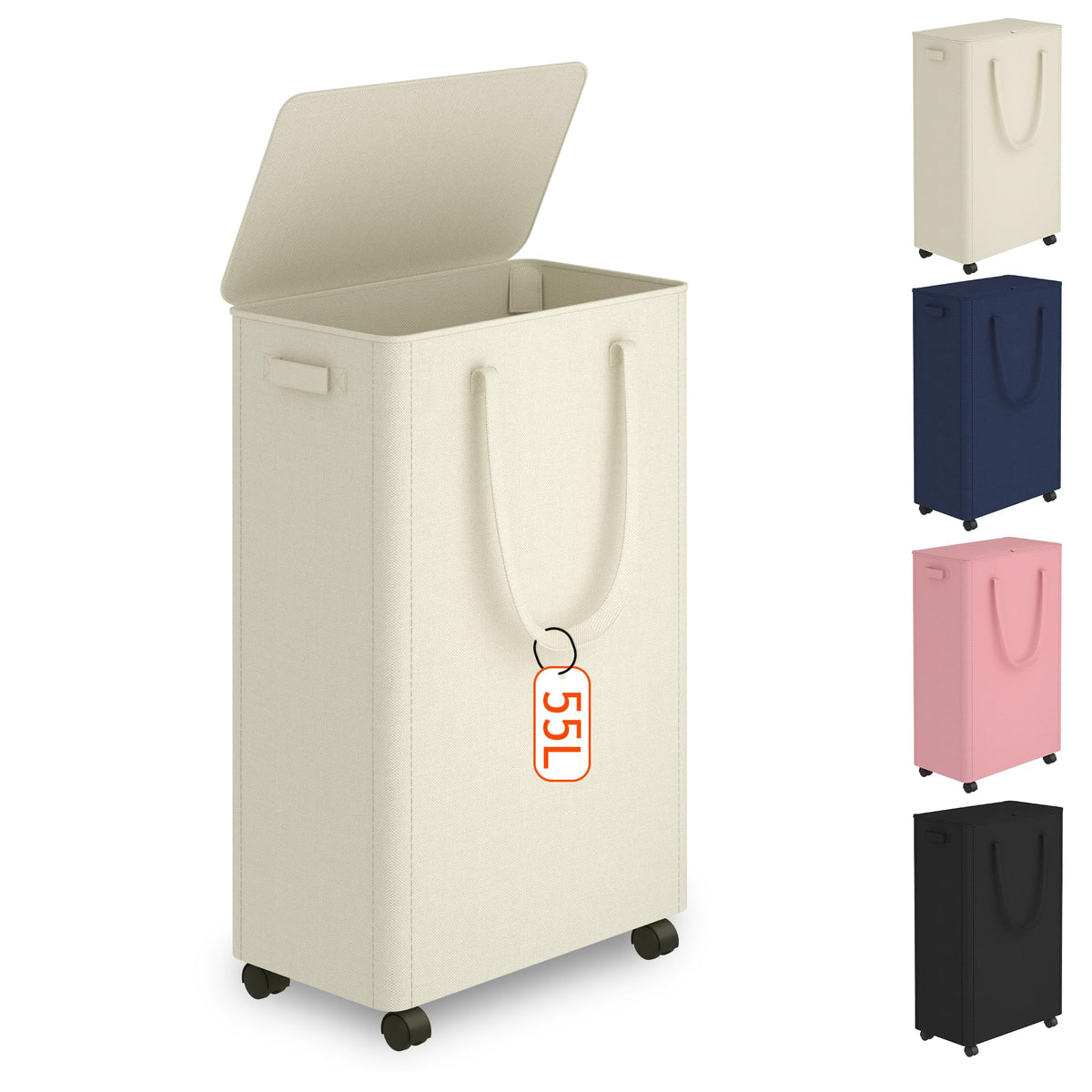 Slim Laundry Hamper with Wheels,15 Gal (55L) Rolling Laundry Basket with lid and wheels Clothes Hamper Foldable Tall