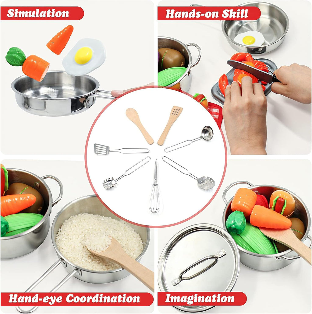 Kids Pretend Play Kitchen Toys Accessories Set, 32 Items Stainless Steel Toy Pots and Pans Sets w/ Rack Organizer