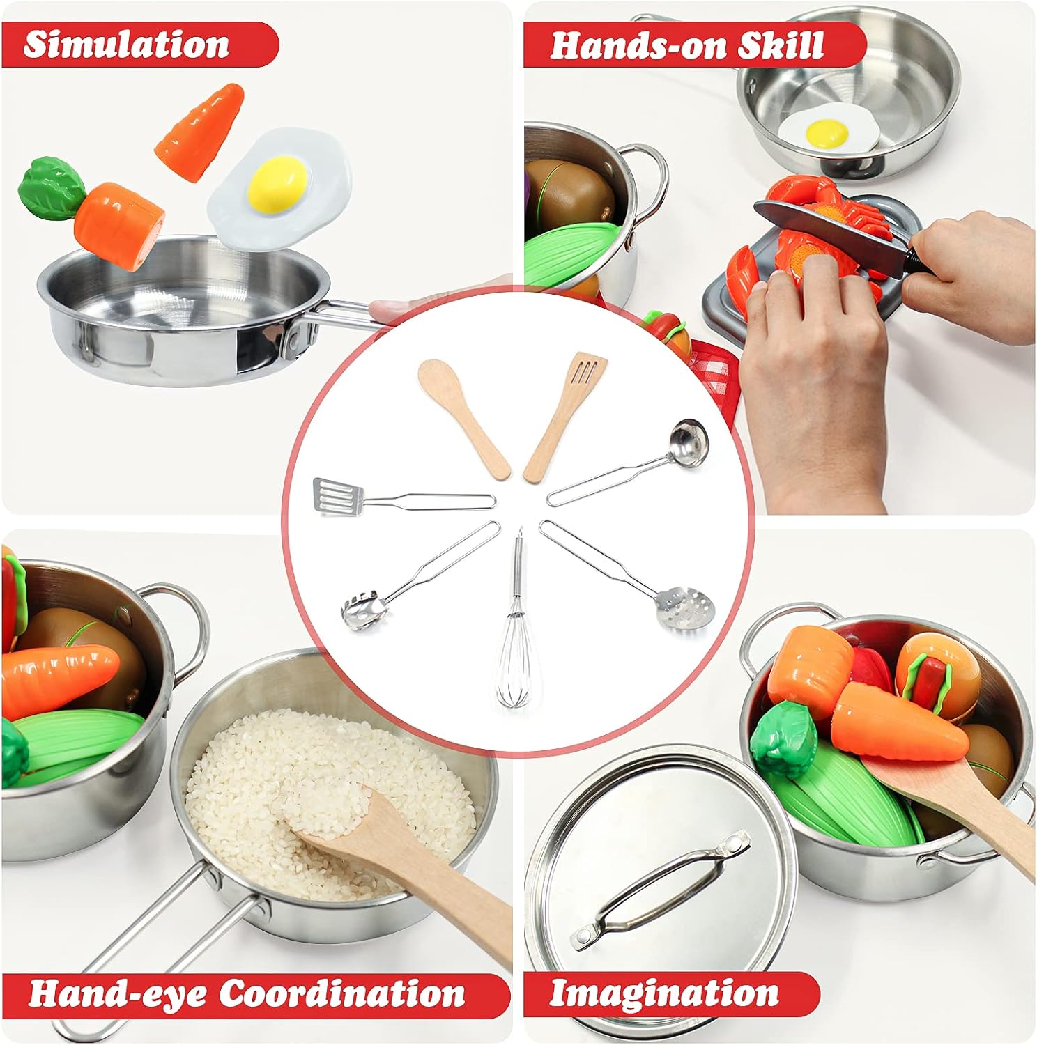 Kids Pretend Play Kitchen Toys Accessories Set, 32 Items Stainless Steel Toy Pots and Pans Sets w/ Rack Organizer