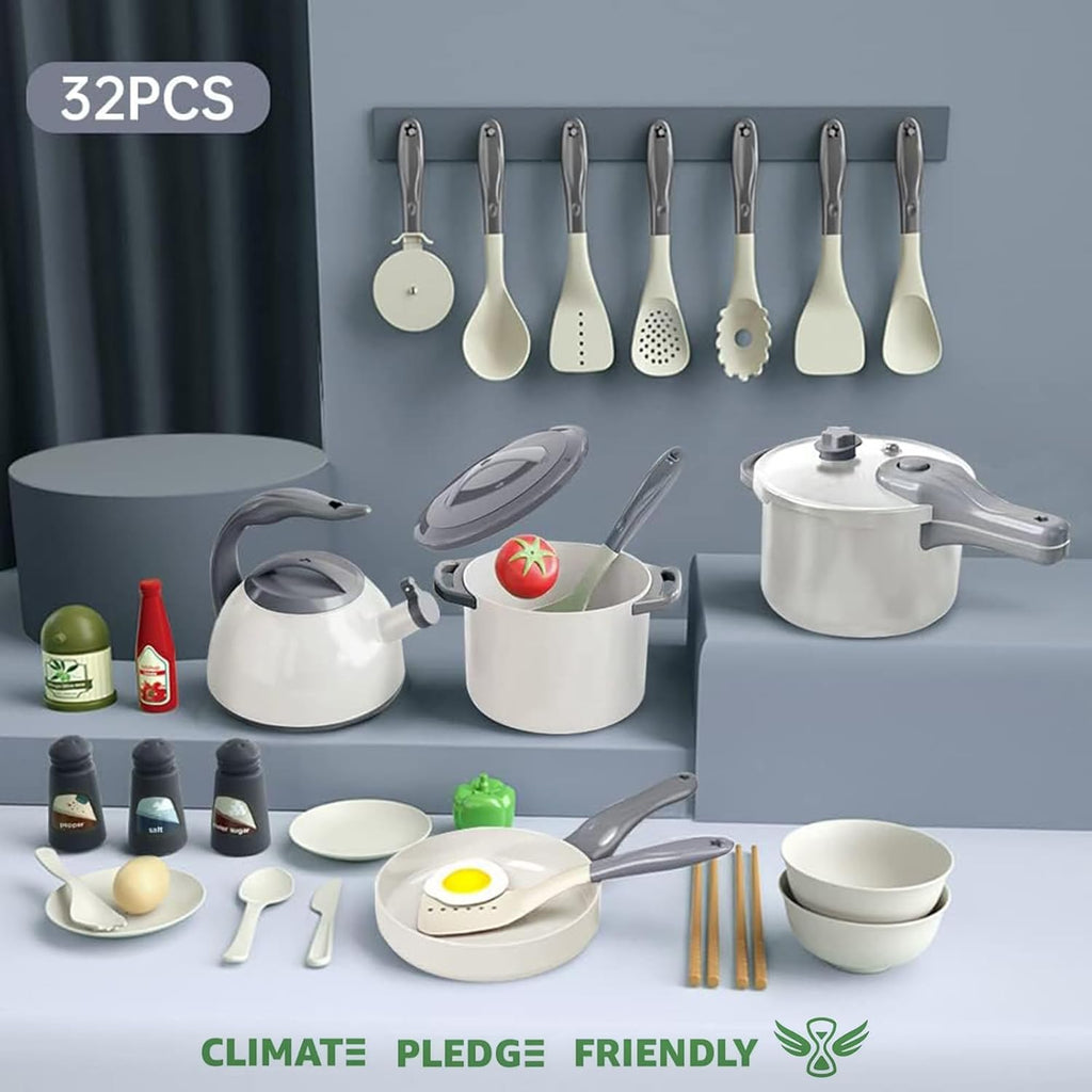 32Pcs Kids Play Kitchen Toys Set, Toddlers Pretend Cooking Playset Acccessories with Pots Pans, Utensils Cookware