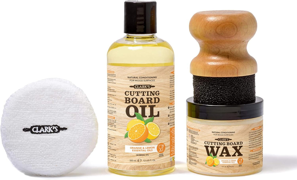 Clark’S Cutting Board Oil and Wax Kit – Includes Food Grade Mineral Oil (12oz), Finishing Wax (6oz), Applicator, &
