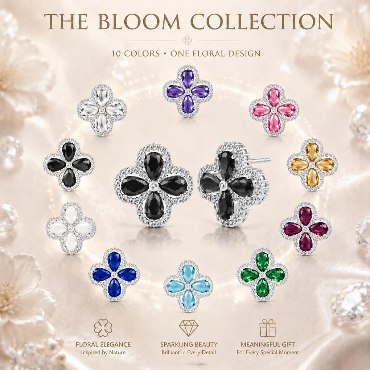 Clover Earrings for Women, CZ Four Leaf Clover Studs, 18K Gold Plated Brass | Elegant Gold Plated Clover Design