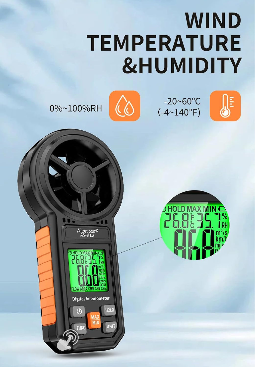 Digital Anemometer Handheld Wind Speed Meter, Measures Wind Speed Wind Flow Temperature and Humidity CFM Air Flow Velocity Meter with Big Backlit Screen