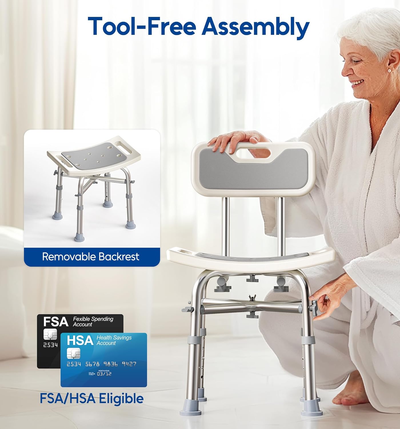 Shower Chair with Back for Elderly and Disabled, Shower Seat Bench Stool, Adjustable Height, 350 lbs Capacity